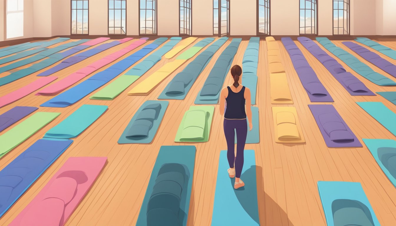 A woman stands in a yoga studio, surrounded by rows of colorful yoga mats. She carefully examines each one, feeling the texture and thickness before finally selecting the perfect mat