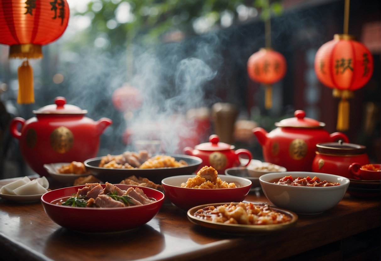 A table set with steaming dishes of traditional Chinese pork recipes for Chinese New Year. Red lanterns hang in the background, adding to the festive atmosphere