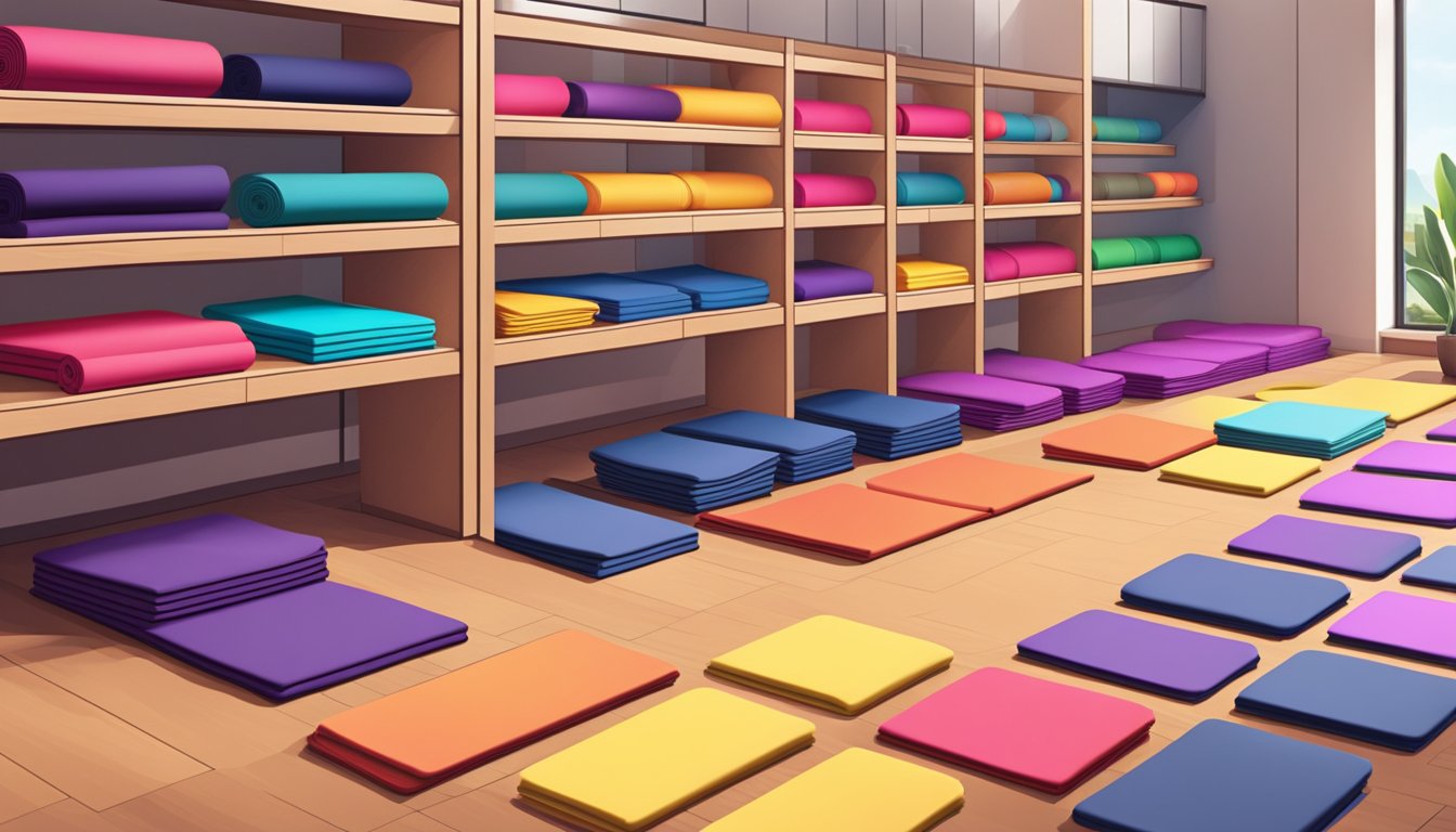 A bright, modern yoga studio in Singapore displays a variety of colorful yoga mats for sale. The mats are neatly stacked on shelves, with price tags clearly visible