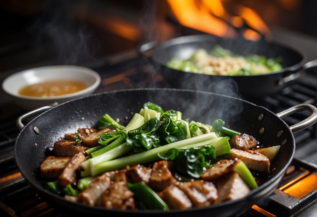 A wok sizzles as pork is stir-fried with ginger, garlic, and soy sauce. A cleaver chops scallions and bok choy. A steamer basket sits over a pot of boiling water, ready to cook dum