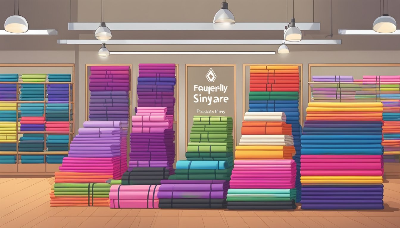 A stack of colorful yoga mats displayed in a well-lit store, with a sign indicating "Frequently Asked Questions" about purchasing in Singapore