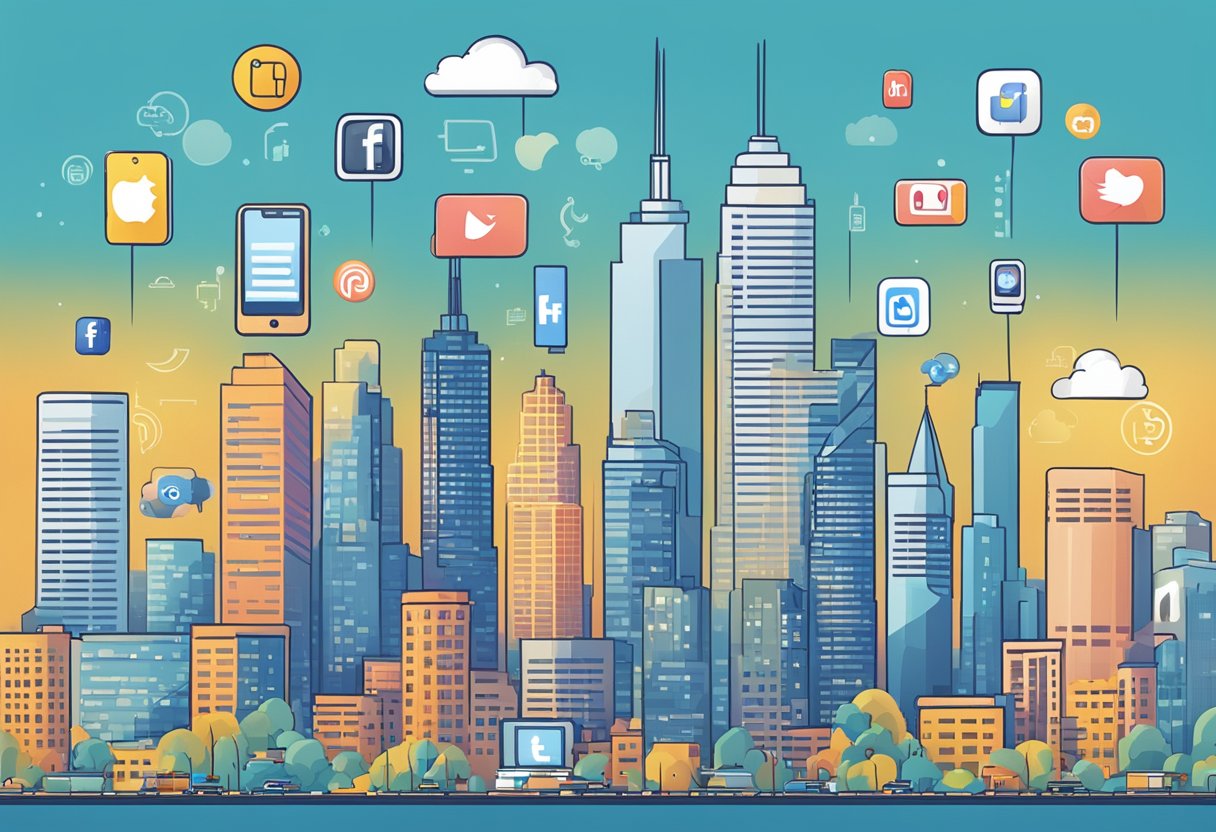 A bustling city skyline with various social media icons floating above, representing different platforms like Facebook, Instagram, Twitter, and LinkedIn