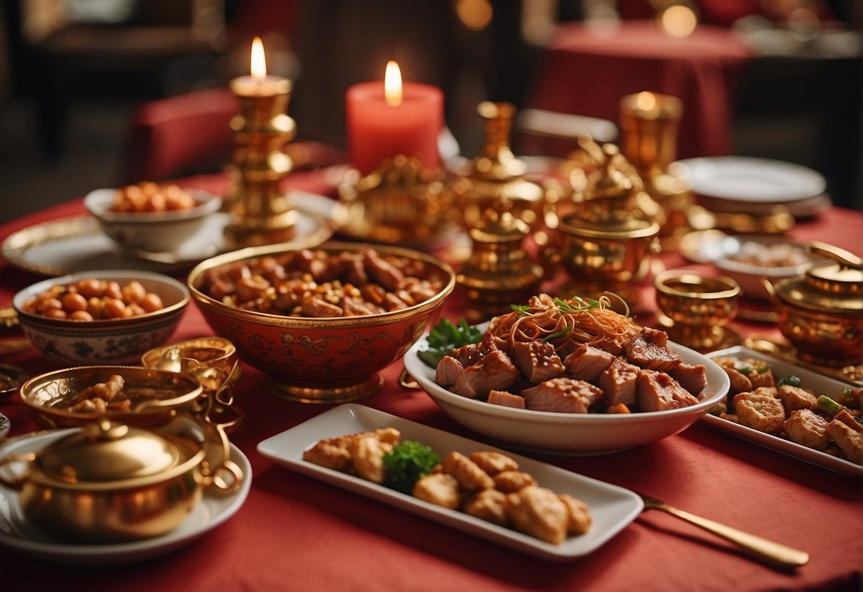 A table adorned with red and gold decorations, featuring a lavish spread of pork dishes, surrounded by traditional Chinese symbols of luck and prosperity