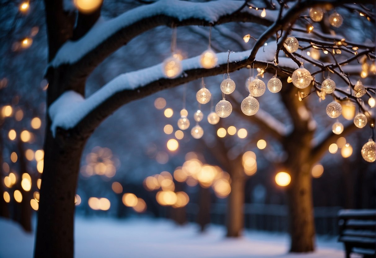 Outdoor trees adorned with twinkling lights and colorful ornaments, casting a warm and festive glow in the winter night