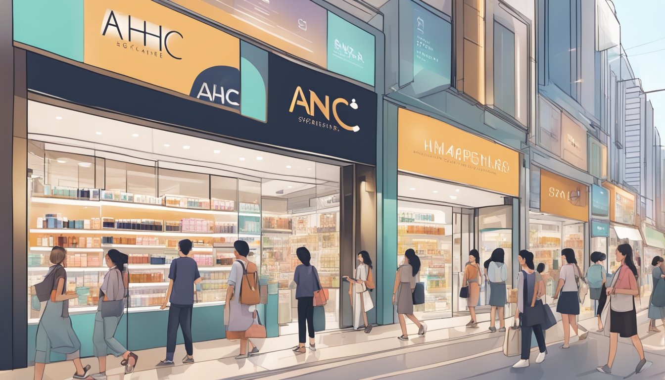A busy Singaporean shopping street with prominent AHC skincare displays in multiple storefronts. Pedestrians are seen browsing and purchasing products