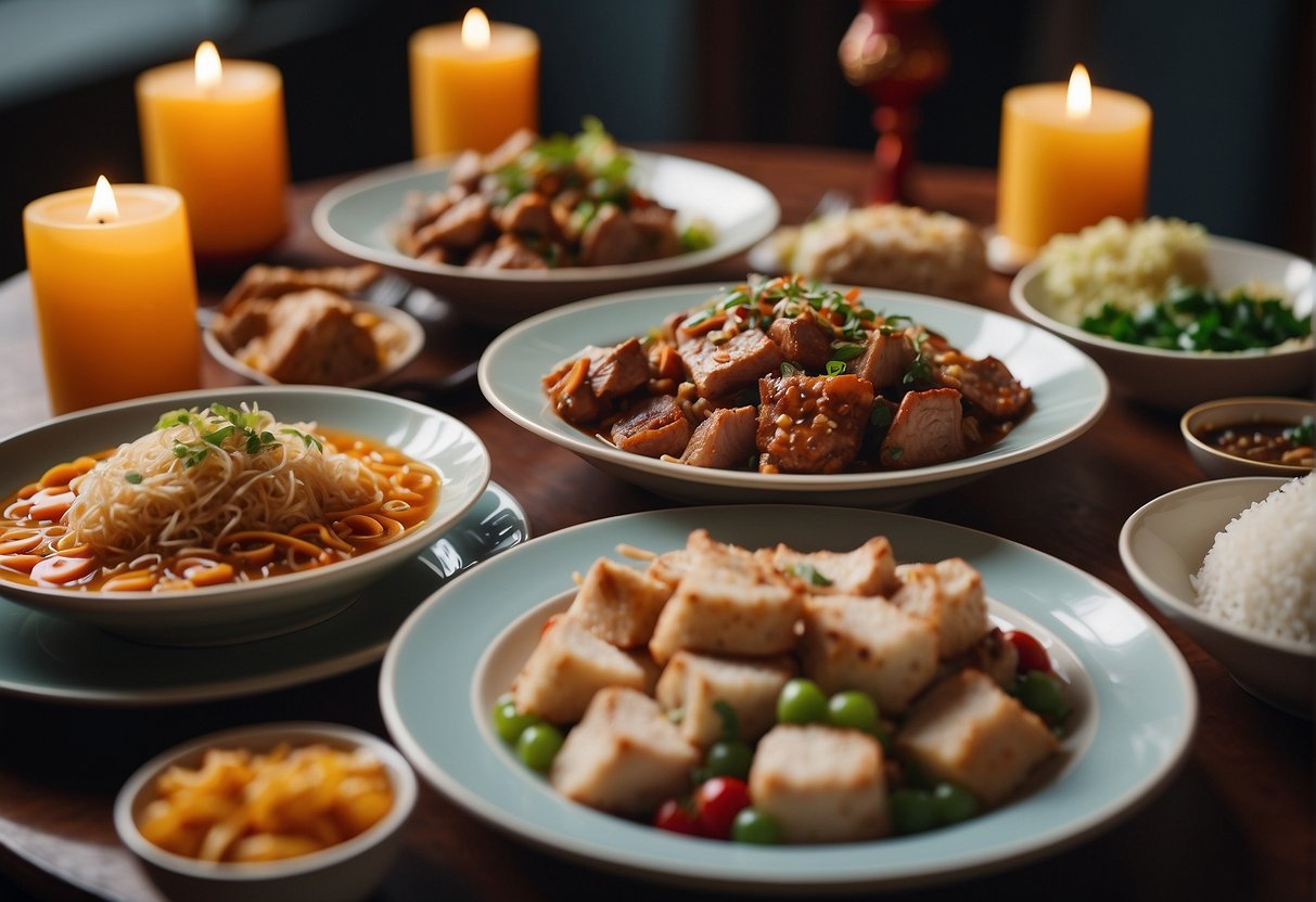 A table set with various pork dishes, surrounded by festive Chinese New Year decorations