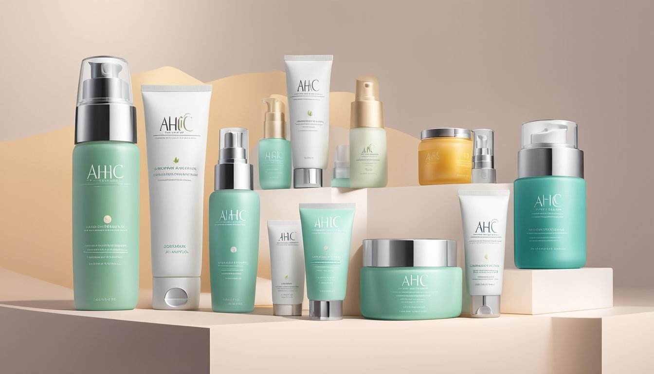 A table displays AHC skincare products, neatly arranged with soft lighting and a clean background