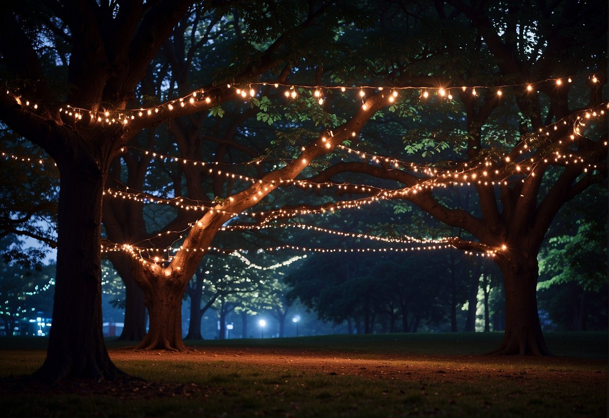 Strings of twinkling lights are carefully wrapped around the branches of tall outdoor trees, creating a magical glow against the dark nighttime sky