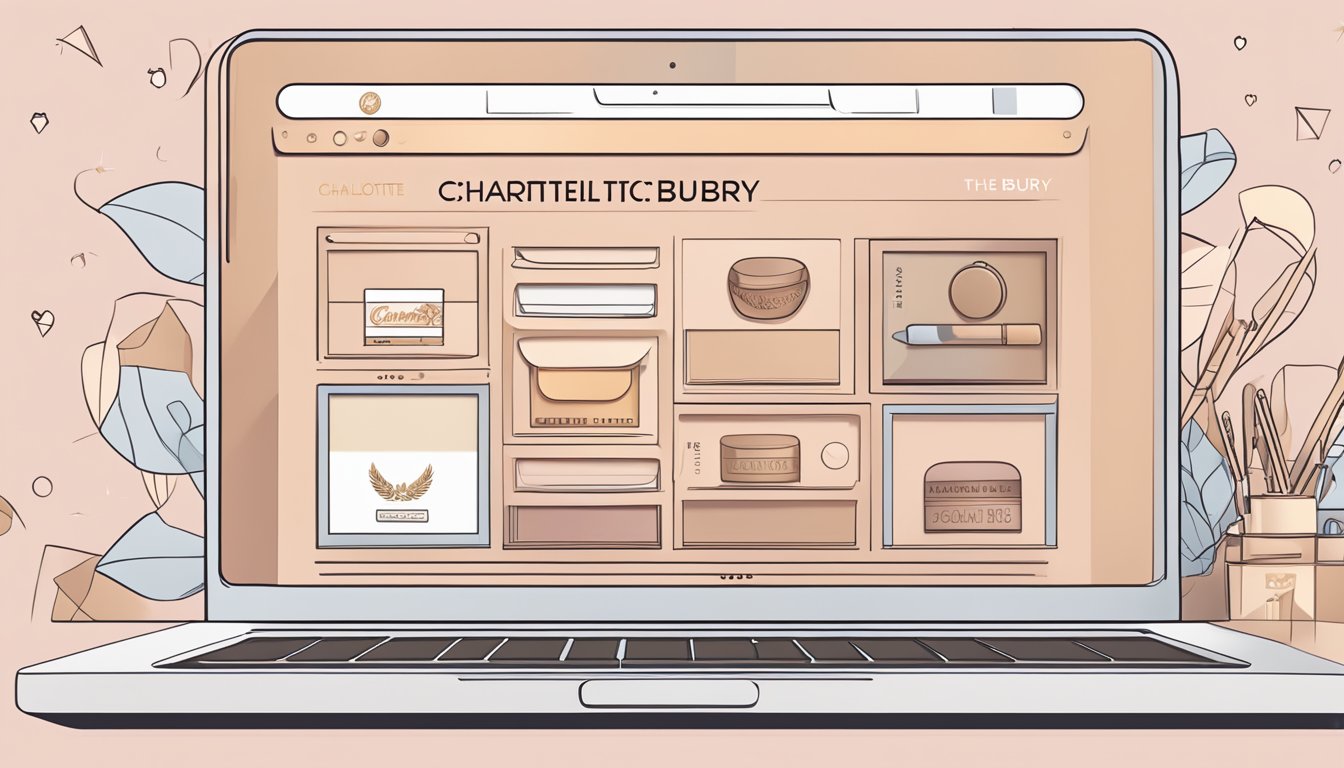 A laptop displaying the Charlotte Tilbury website, with a cursor clicking on the "buy now" button