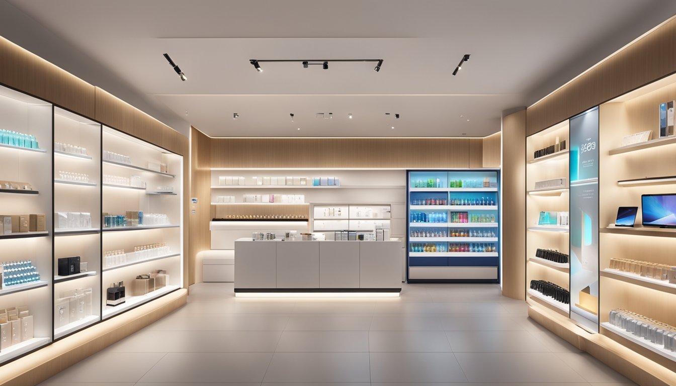 A display of HEETS and IQOS devices in a sleek, modern store in Singapore. Bright lighting highlights the products on clean, organized shelves