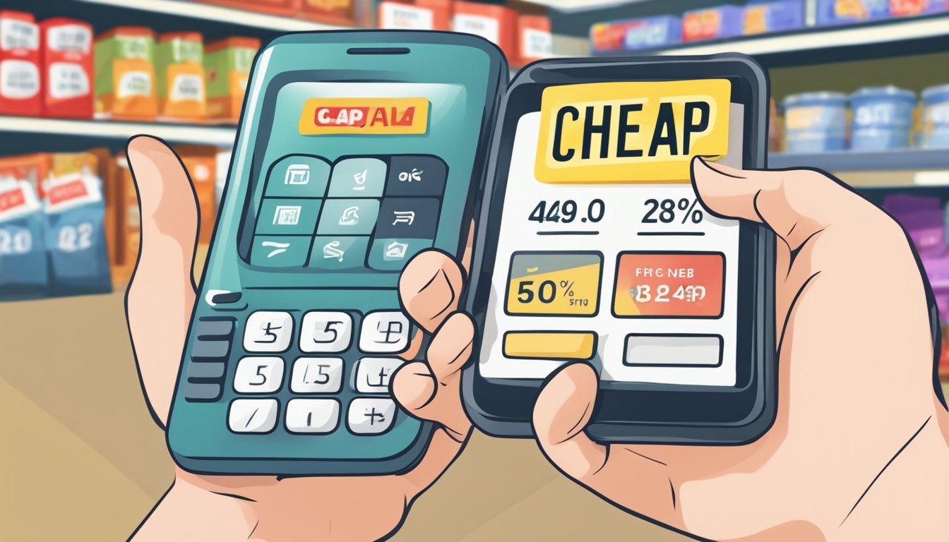 A hand holds a mobile phone with a price tag reading "cheap" in a Singaporean store