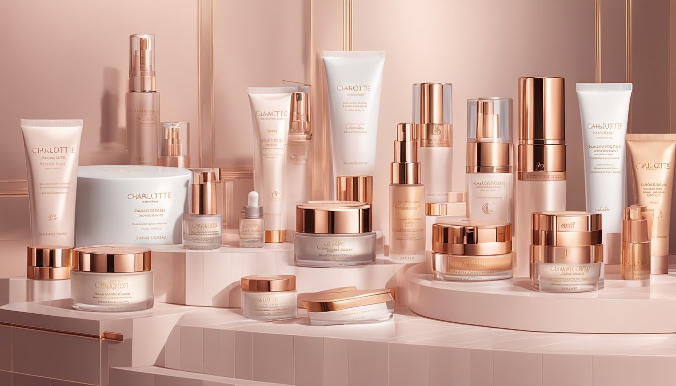 A luxurious vanity table with Charlotte Tilbury skincare products neatly arranged, soft lighting highlighting the elegant packaging