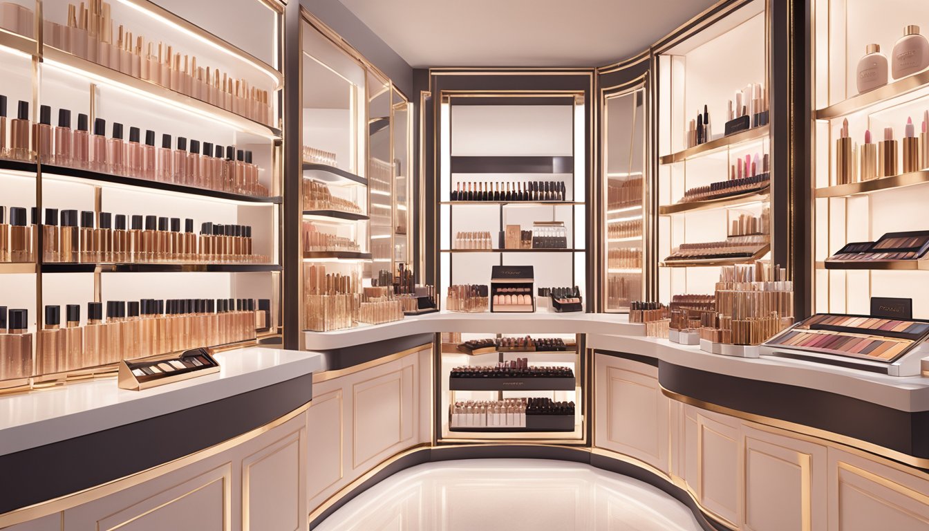 A luxurious display of Charlotte Tilbury makeup products arranged on a sleek, modern counter with soft, flattering lighting