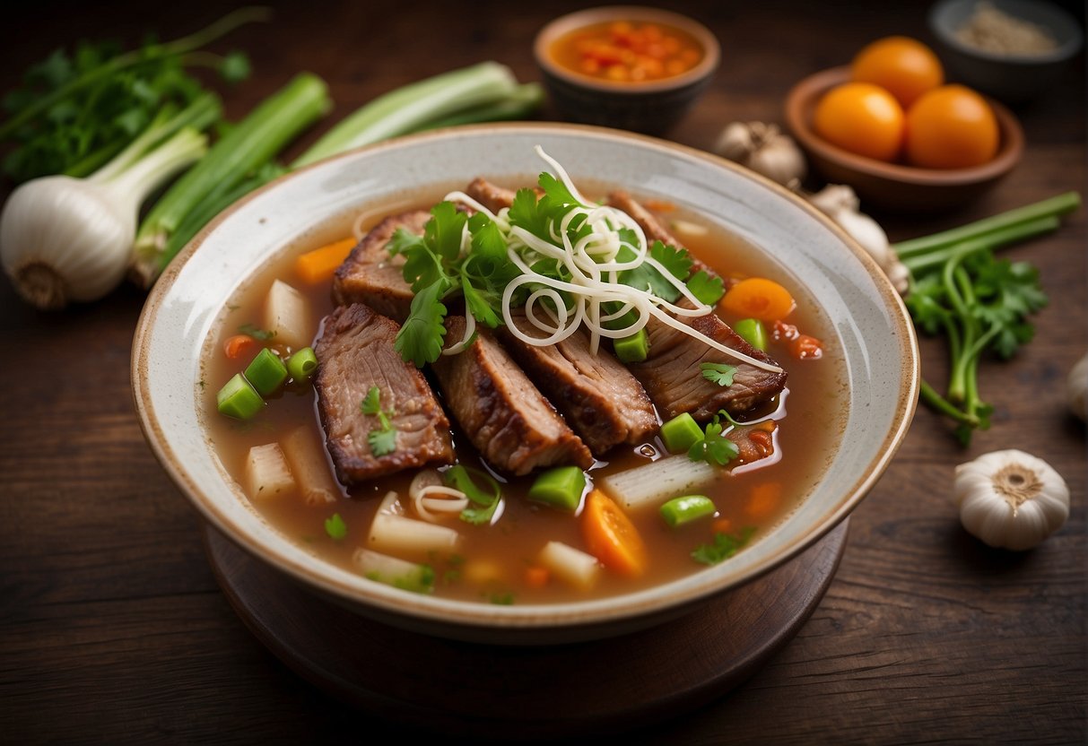 A steaming bowl of pork rib soup sits on a wooden table, garnished with green onions and floating with tender ribs and vegetables