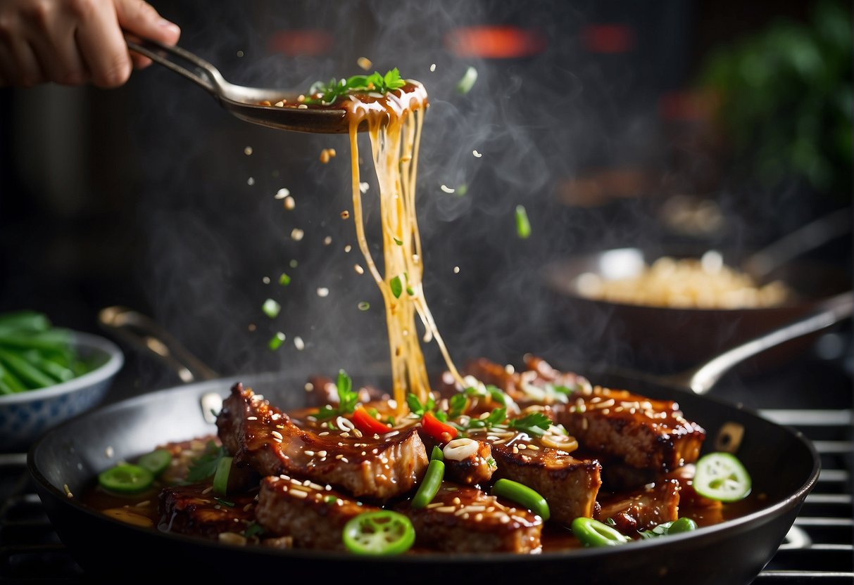 A sizzling wok tosses marinated pork ribs with ginger, garlic, and soy sauce, filling the air with savory aromas. Green onions and chilies add a pop of color to the bubbling sauce