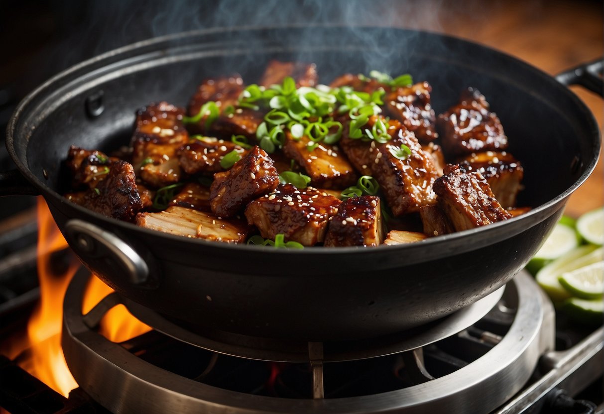 A sizzling wok holds marinated pork ribs, simmering in a fragrant blend of soy sauce, ginger, garlic, and Chinese five-spice. Steam rises as the ribs caramelize, creating a mouthwatering aroma