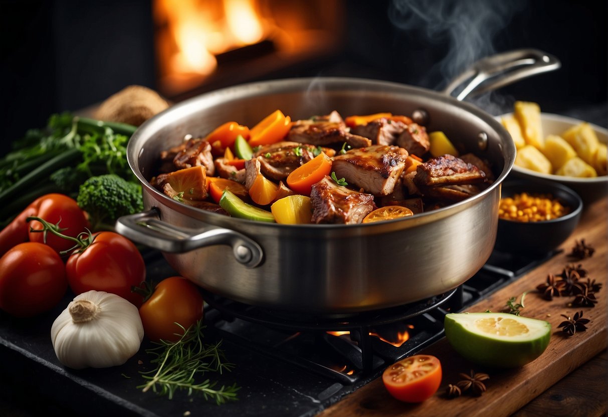 A large pot simmers on a stove, filled with pork ribs, ginger, and spices. Chopped vegetables wait on a cutting board nearby