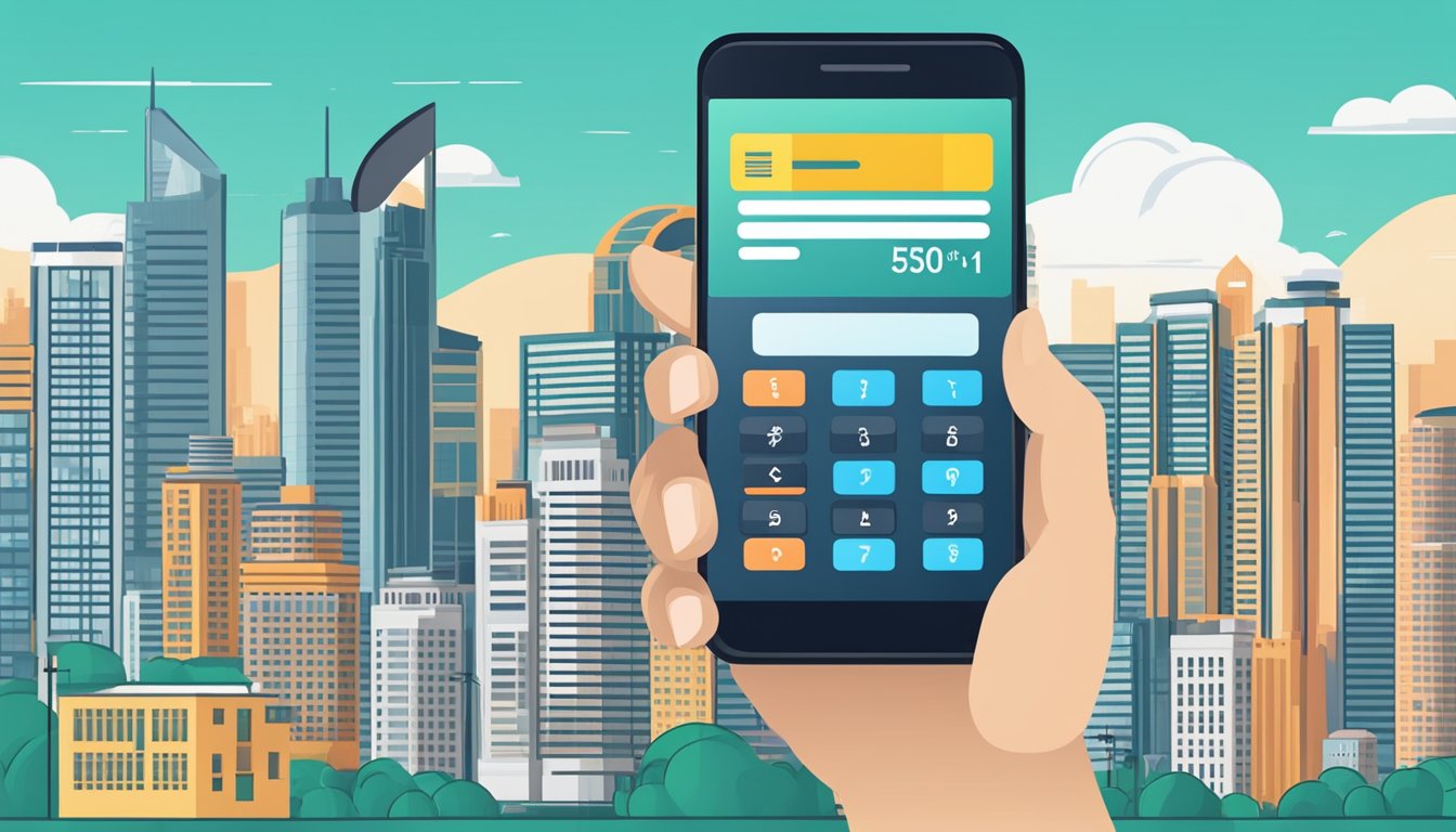 A hand holding a budget-friendly mobile phone with a city skyline in the background. The phone's screen displays a price tag in Singapore dollars