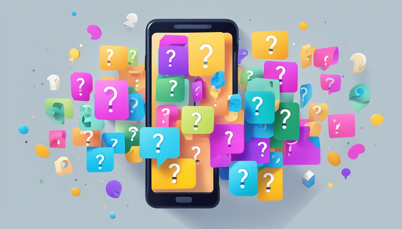 A smartphone surrounded by question marks, with a price tag showing a discounted price