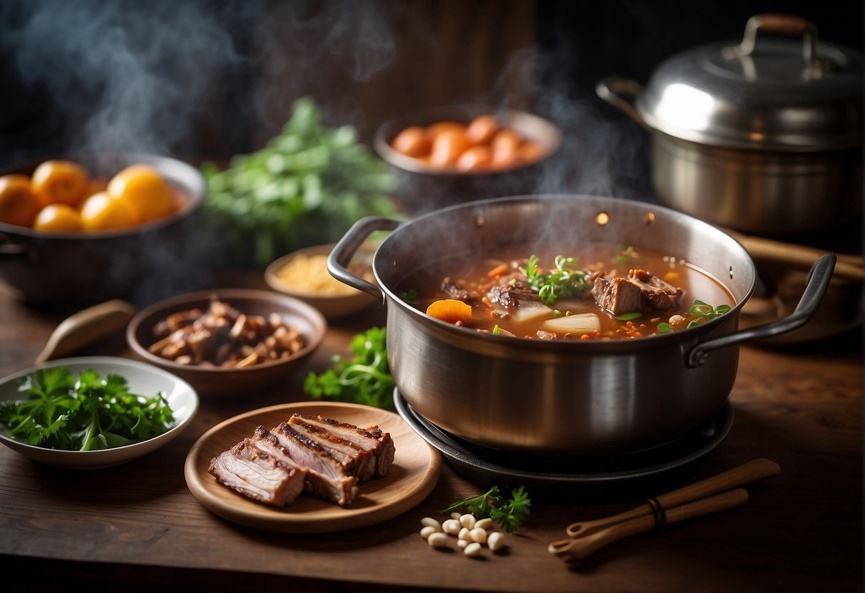 A large pot simmers on a stovetop, filled with pork ribs, vegetables, and aromatic spices for a Chinese pork rib soup. A wooden spoon rests on the edge of the pot, steam rising from the bubbling broth