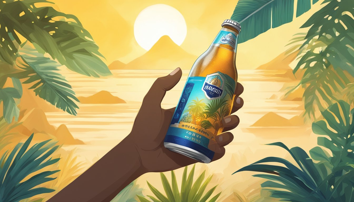 A hand reaches out to grab a cold Angkor Beer from an online purchase, surrounded by tropical foliage and warm sunlight