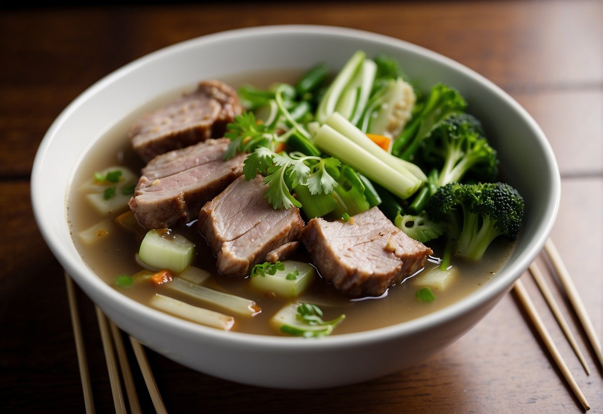 A steaming bowl of pork rib soup sits next to a plate of fresh green vegetables and a pair of chopsticks on a wooden table