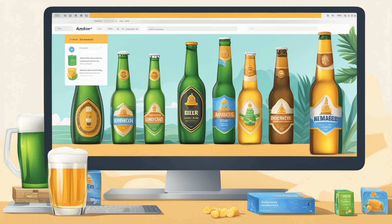 A computer screen with a browser open to an online shopping website, displaying the Angkor Beer product page with an "Add to Cart" button