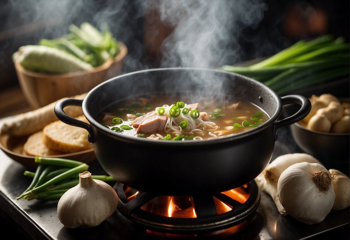 A steaming pot of pork rib soup simmers on a stove, surrounded by fresh ginger, garlic, and green onions. A hint of star anise and soy sauce lingers in the air