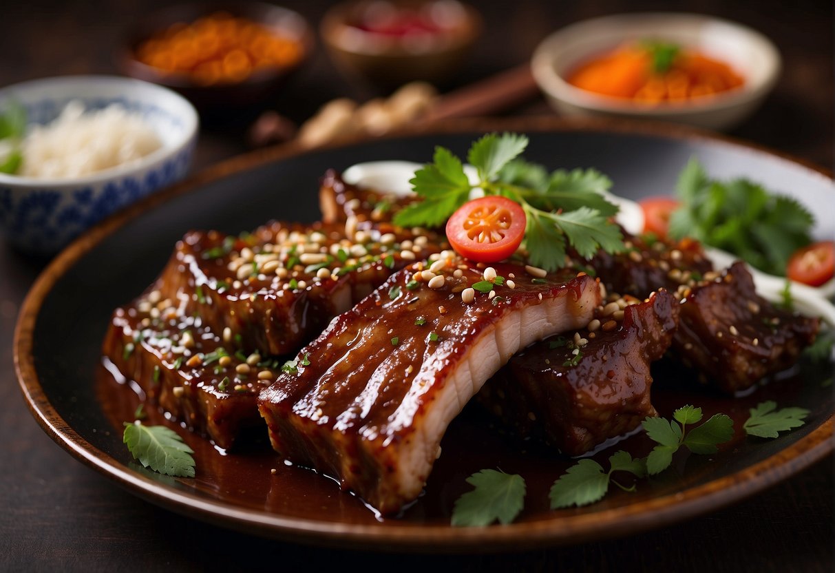 Pork ribs marinating in a Chinese style sauce, surrounded by traditional spices and ingredients