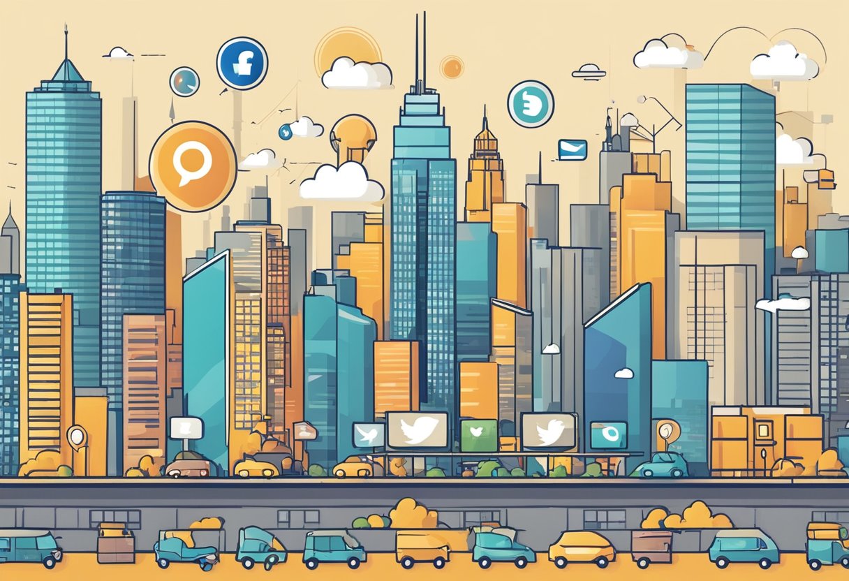 A bustling city skyline with various social media icons floating above, representing the importance of staying ahead of social trends for businesses