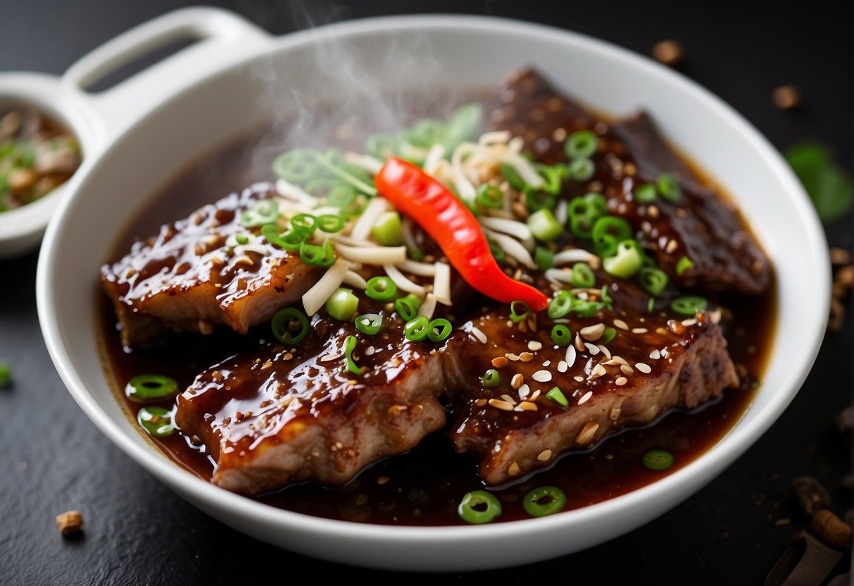 Pork ribs marinating in soy sauce, ginger, and garlic. A wok sizzling with oil, as ribs are stir-fried with green onions and chili peppers