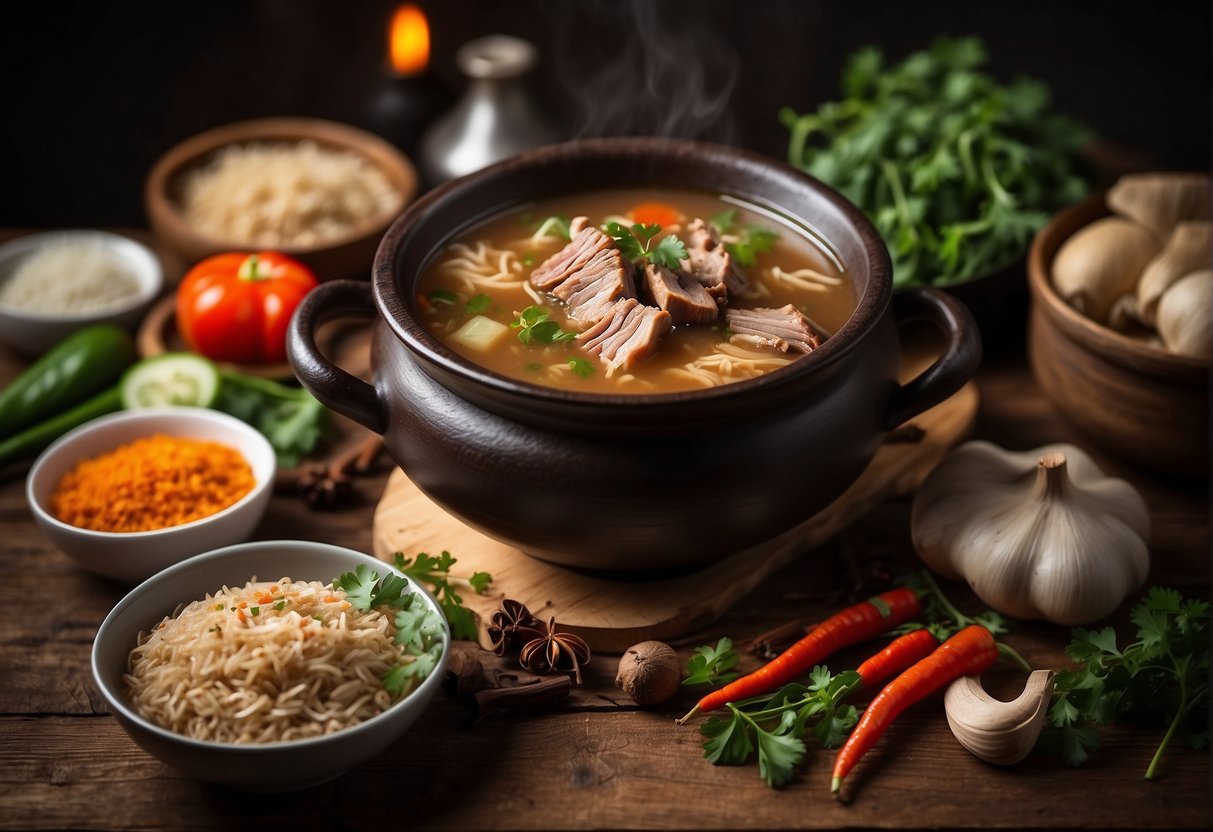 A steaming bowl of pork rib soup sits on a rustic wooden table, surrounded by traditional Chinese spices and ingredients