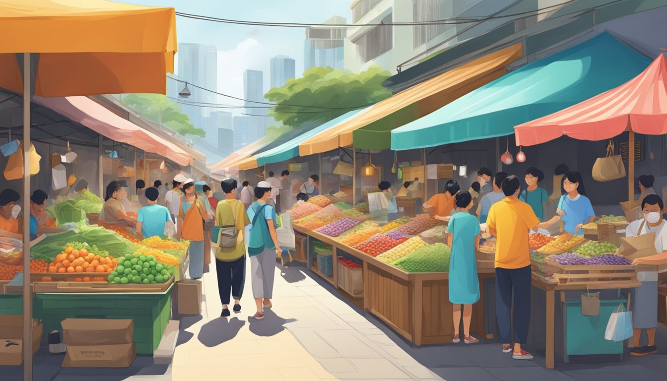 A bustling market stall sells hong tian wu in Singapore, with colorful displays and eager customers