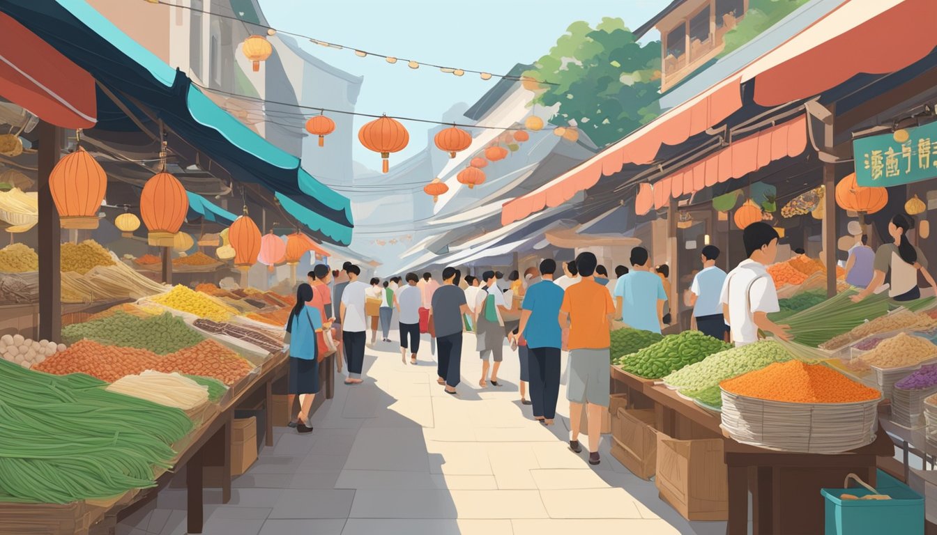 A bustling Singapore market, with vibrant stalls selling Hong Tian Wu, the air filled with the scent of the traditional Chinese herb