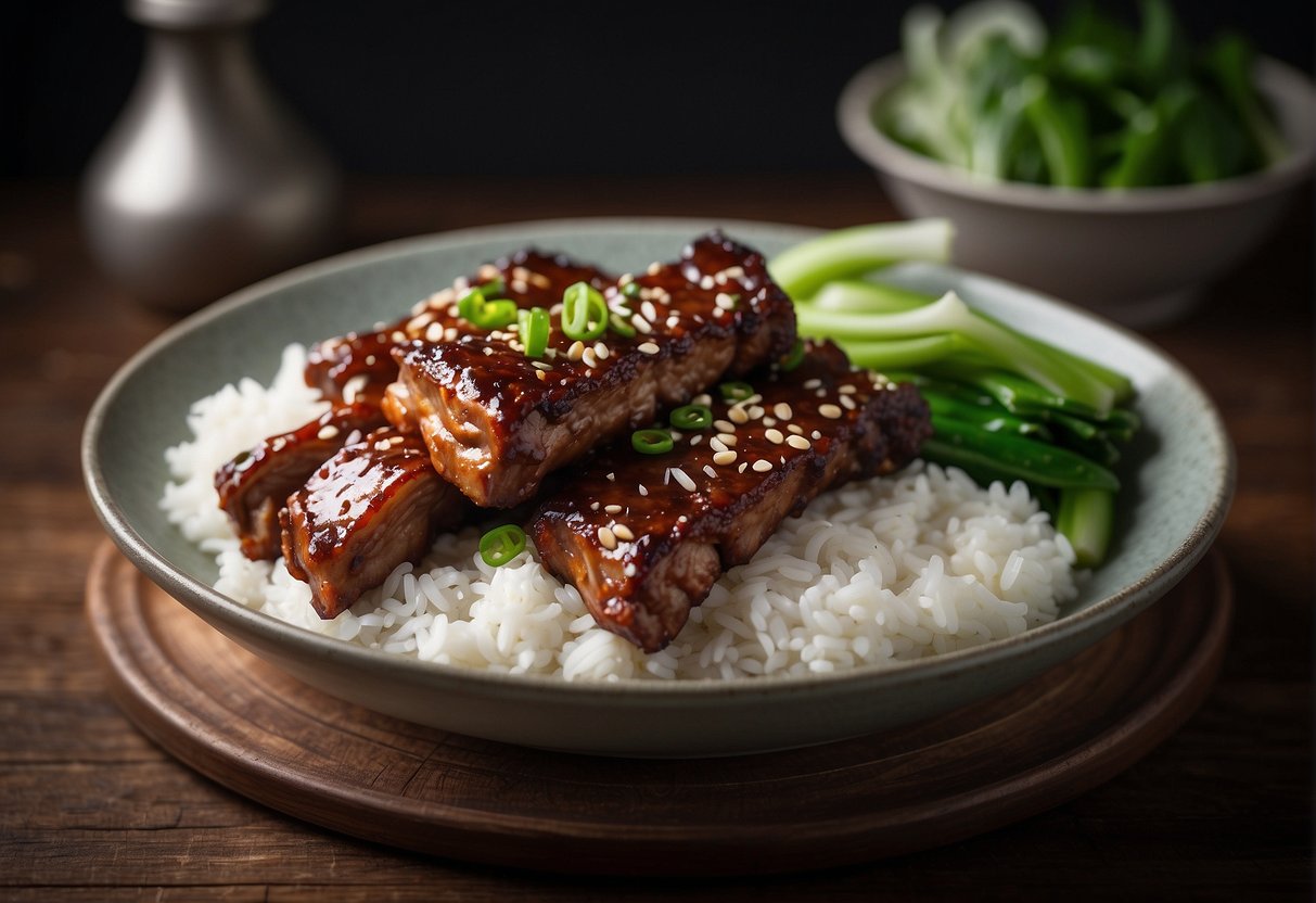 A platter of Chinese-style pork ribs with garnishes of green onions and sesame seeds, served with a side of steamed bok choy and a bowl of fragrant jasmine rice
