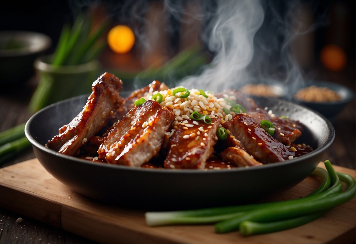 A sizzling wok tosses marinated pork ribs with garlic, ginger, and soy sauce. Steam rises from the savory dish, garnished with green onions and sesame seeds