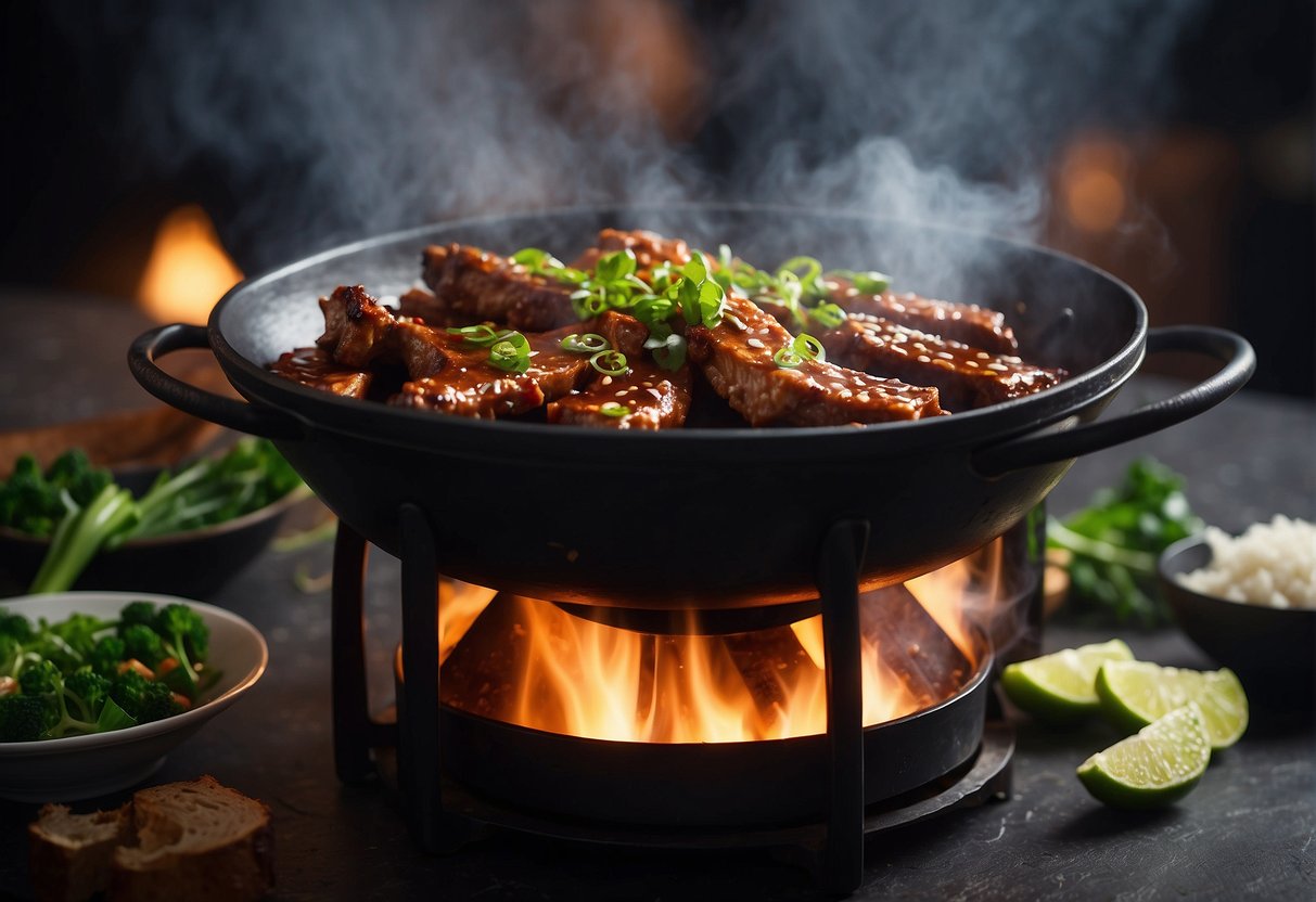 A sizzling wok tosses marinated pork ribs in a fragrant Chinese sauce, while steam rises and the aroma of spices fills the air