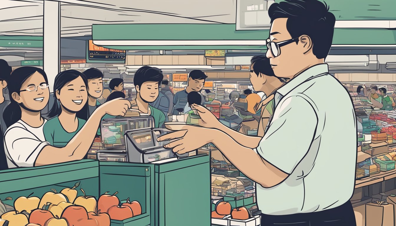 A hand reaches out to buy an Apple Watch in a bustling Singaporean market. The vendor eagerly offers the latest model