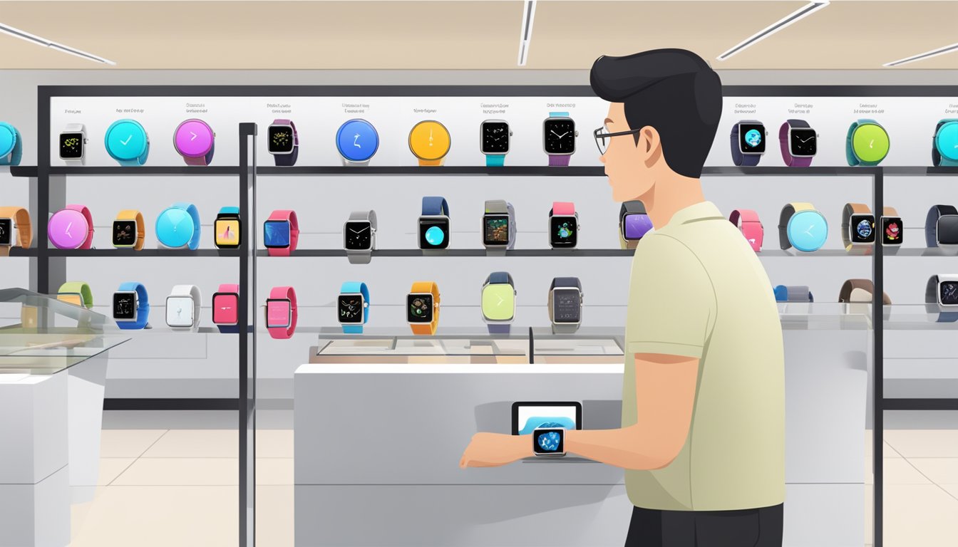 A customer browsing through a display of Apple Watches in a Singapore store, with a prominent "Frequently Asked Questions" sign