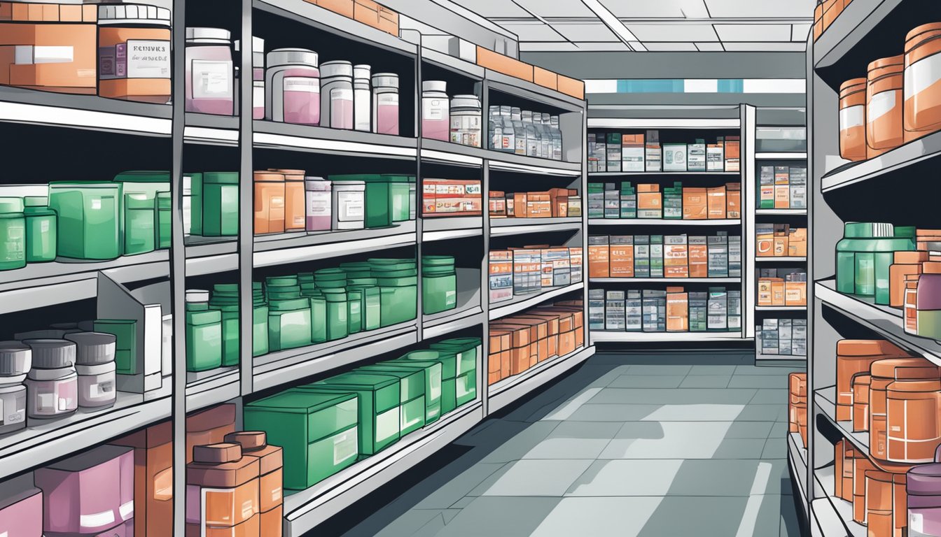 A pharmacy shelf displays boxes of ibuprofen in Singapore