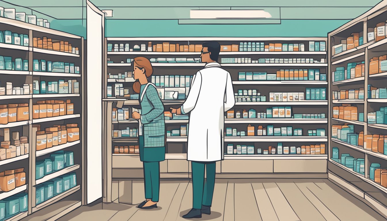 A pharmacy shelf displays boxes of ibuprofen. A pharmacist assists a customer. A sign reads "Ibuprofen for sale."