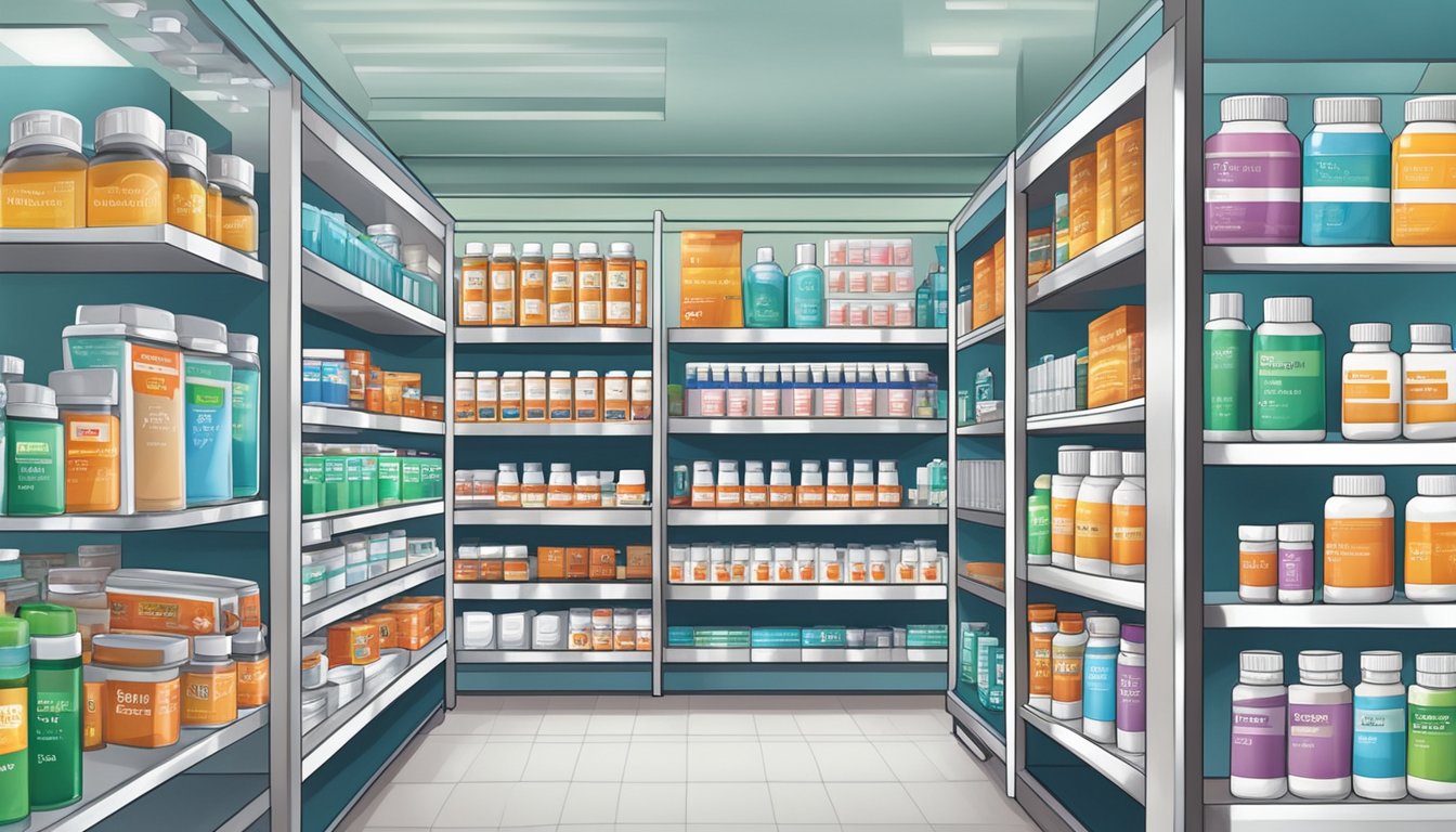 Shelves of pharmacy products, including ibuprofen, in a Singapore store