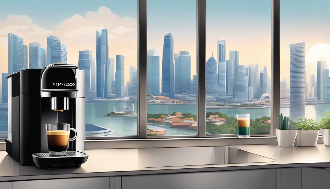 A hand reaches for a sleek Nespresso machine in a modern kitchen, set against a backdrop of the Singapore skyline through a window