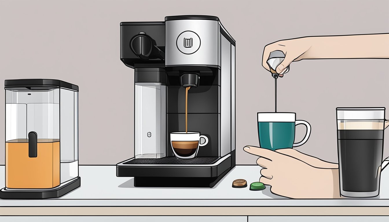 A hand places a Nespresso machine on a clean, clutter-free countertop. The machine is plugged in, water is added, and a coffee capsule is inserted