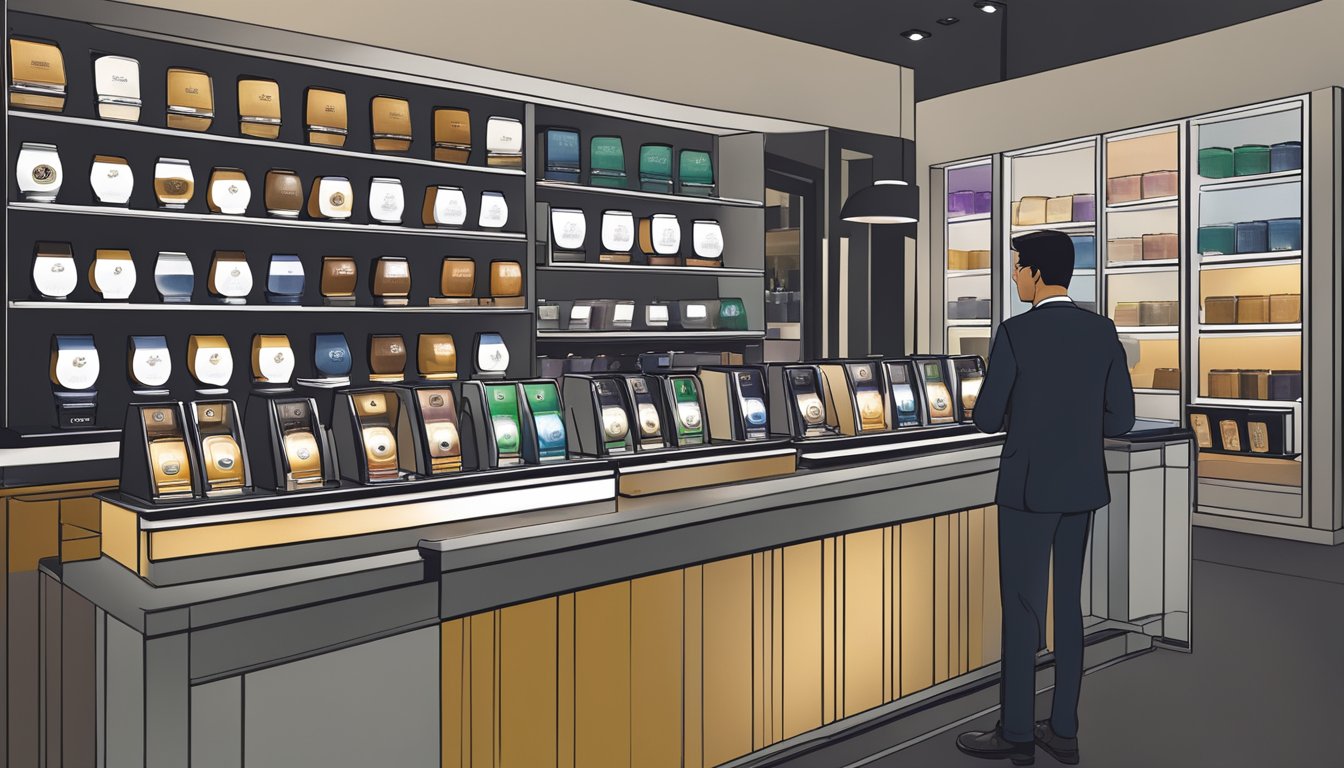 A customer browsing Nespresso machines in a Singapore store, with a display of frequently asked questions about the products