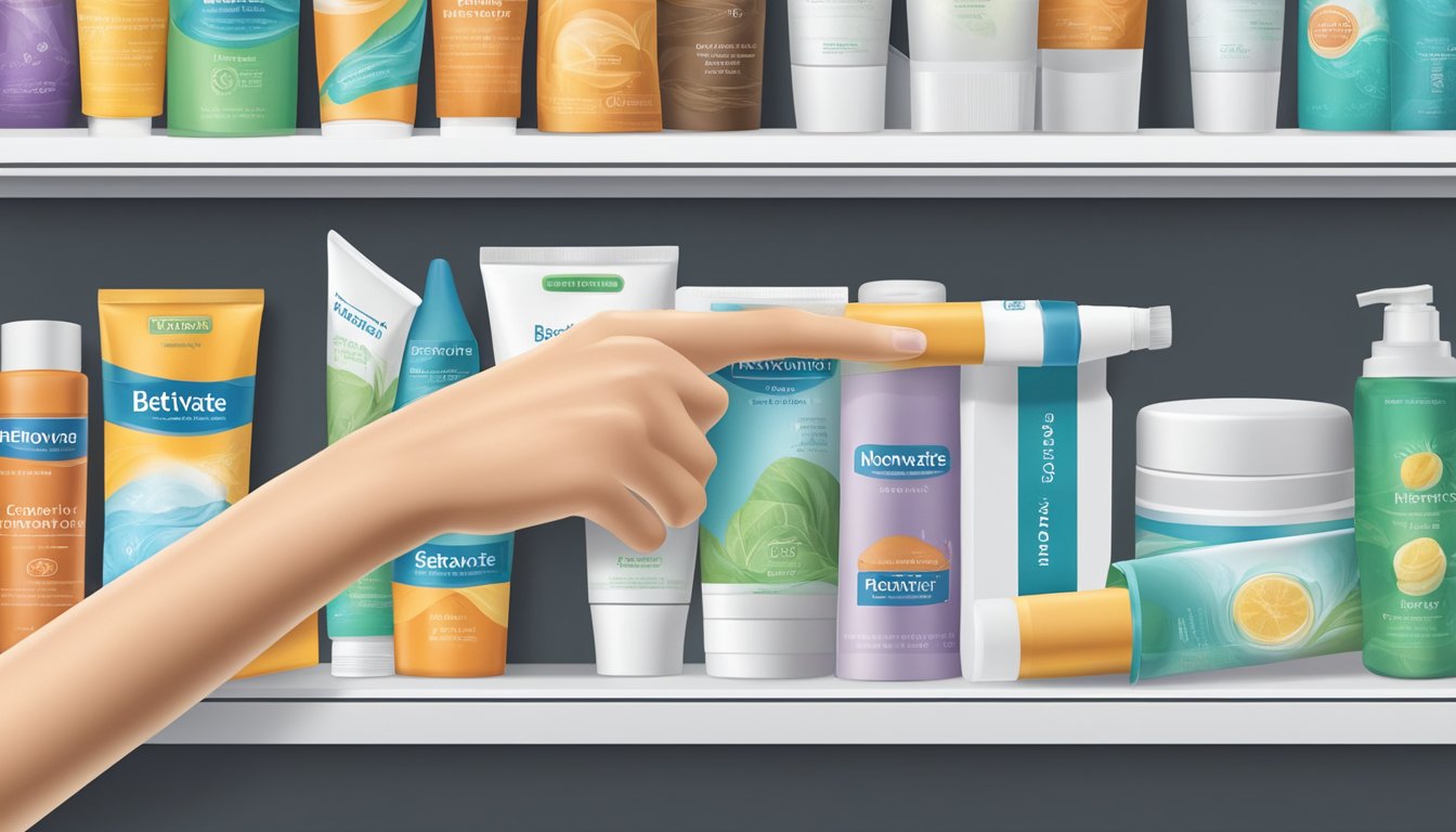 A hand reaches for a tube of Betnovate N cream on a shelf