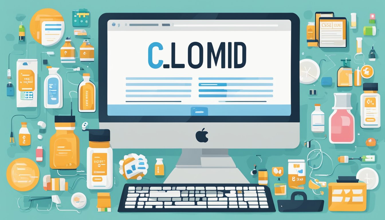 A computer screen displaying a website with the words "buy clomid online" in bold letters, surrounded by medical symbols and prescription bottles