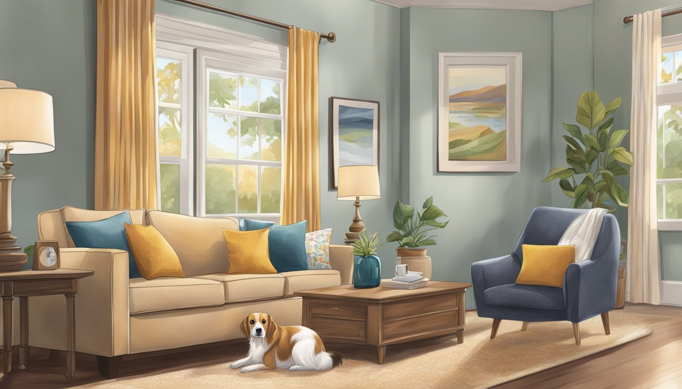 A dog eagerly awaits its owner, a package of NexGard Spectra in the foreground. The setting is a cozy living room with a warm, inviting atmosphere