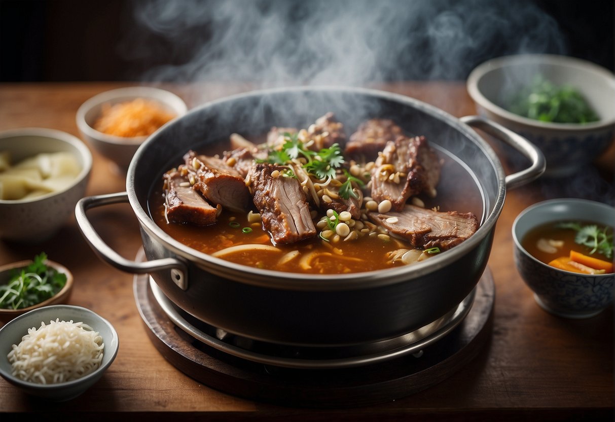 A large pot simmering with pork ribs, ginger, and Chinese herbs in a flavorful broth. Steam rising, chopsticks and bowls nearby