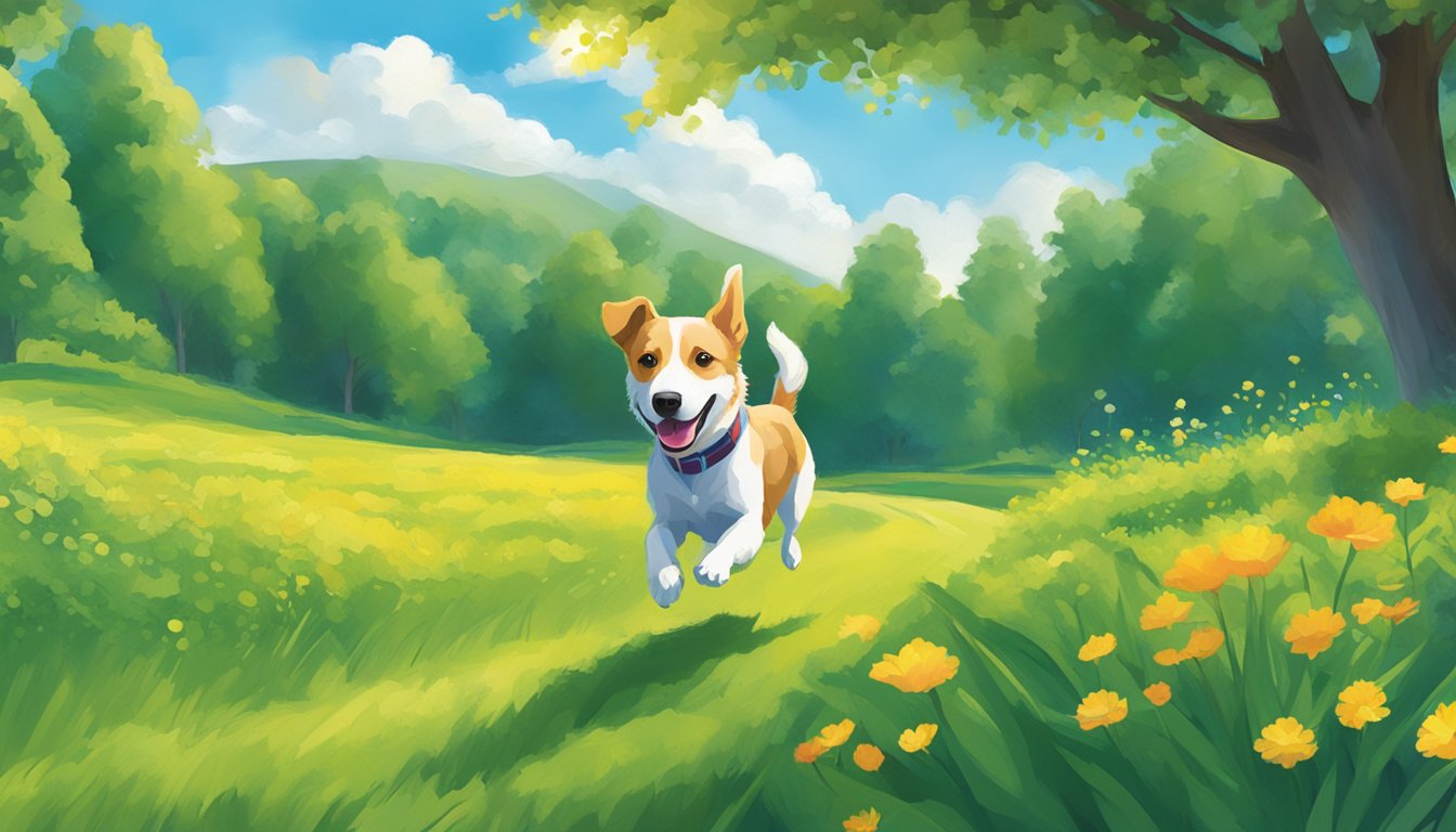 A happy dog running through a lush, green field with a bright blue sky overhead. A colorful box of Nexgard Spectra sits in the corner
